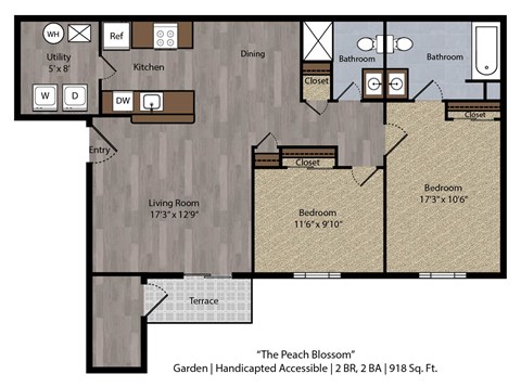 Floor plan for 2 beds, 2 baths, 918 sqft